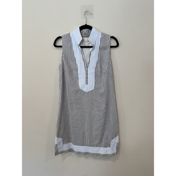 STS Woven Band Collar Split V-Neck Sleeveless Contrast Trim Tunic Shift Dress M - Picture 3 of 13